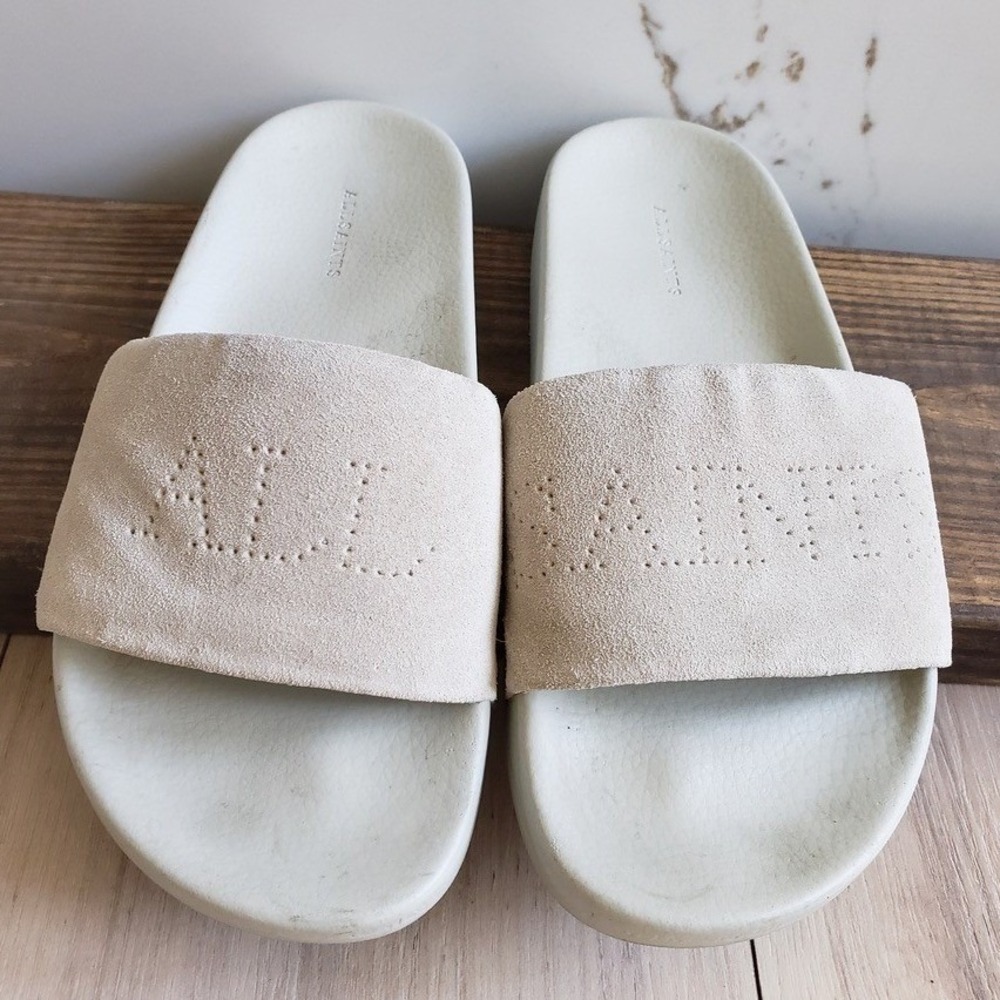 AllSaints Karli Sandals Womens 6 White Suede Logo Leather Slip On Sliders
